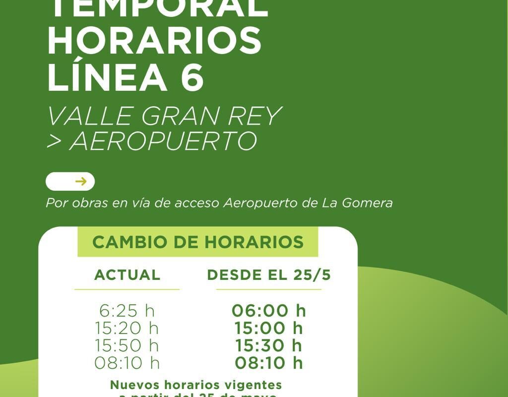 Modificación temporal de horarios en la línea 6 Valle Gran Rey – Aeropuerto a partir del 25 de mayo