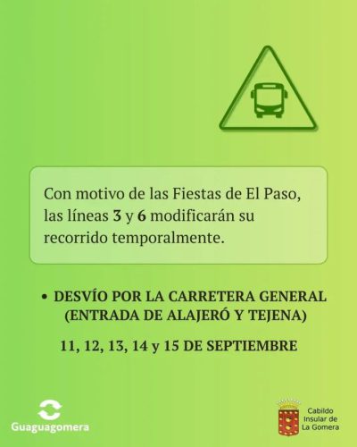 Cartel del aviso: CAMBIOS EN LÍNEAS 3 Y 6 POR LAS FIESTAS DE IMADA ENTRE EL 11 Y EL 15 DE SEPTIEMBRE